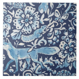 Blue Fantasy Forest Mural Woods Fox Bottom Right Ceramic Tile