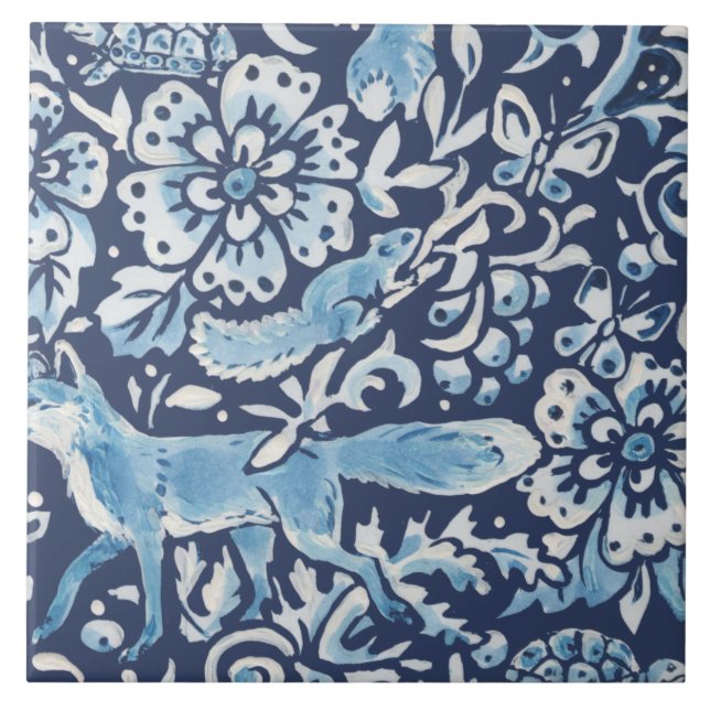 Blue Fantasy Forest Mural Woods Fox Bottom Right Ceramic Tile (Front)