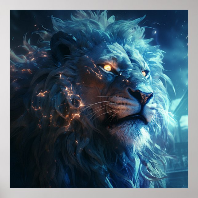 Blue Fantasy Lion Face with Gold Eyes Poster (Front)