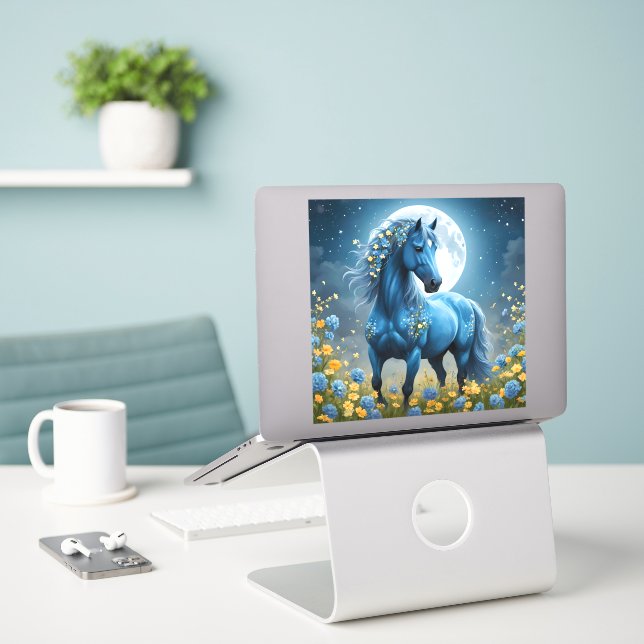Blue Fantasy Magical Horse Moon Flowers, (Laptop On Desk)