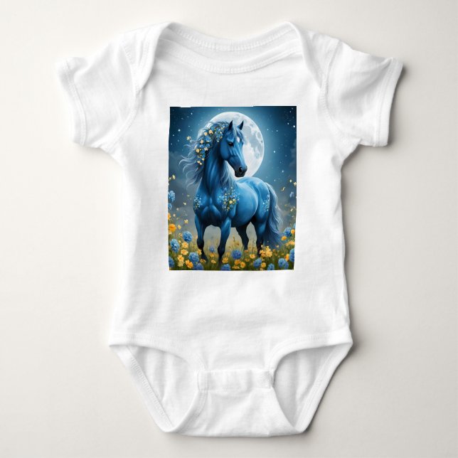 Blue Fantasy Magical Horse Moon Flowers, Baby Bodysuit (Front)
