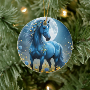 Blue Fantasy Magical Horse Moon Flowers, Ceramic Ornament