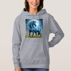 Blue Fantasy Magical Horse Moon Flowers, Hoodie