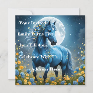 Blue Fantasy Magical Horse Moon Flowers, Invitation