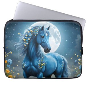 Blue Fantasy Magical Horse Moon Flowers, Laptop Sleeve