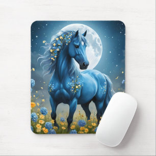 Blue Fantasy Magical Horse Moon Flowers, Mouse Pad