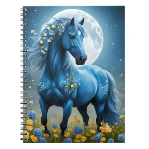 Blue Fantasy Magical Horse Moon Flowers, Notebook