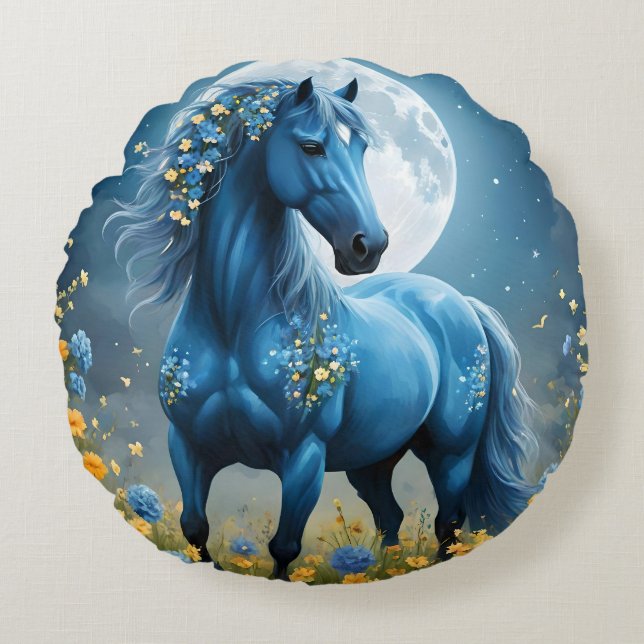 Blue Fantasy Magical Horse Moon Flowers, Round Cushion (Front)