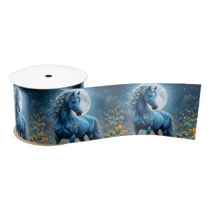 Blue Fantasy Magical Horse Moon Flowers, Satin Ribbon