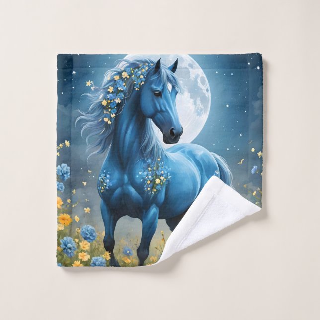 Blue Fantasy Magical Horse Moon Flowers, Wash Cloth (Wash Cloth)