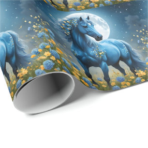 Blue Fantasy Magical Horse Moon Flowers, Wrapping Paper