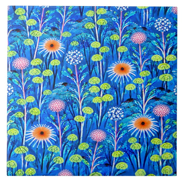 Blue Fantasy Wildflower Meadow Ceramic Tile (Front)