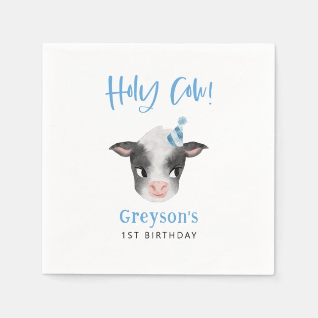 Blue Farm Cow Birthday Paper Napkin (Front)