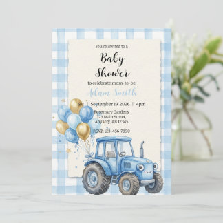 Blue Farm Tractor Boy Baby Shower Invitation