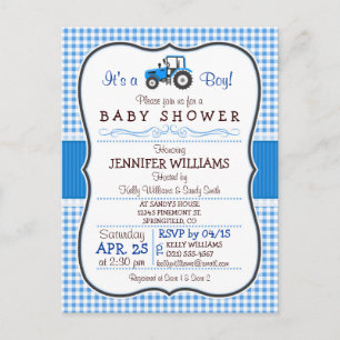 Blue Farm Tractor Boy Baby Shower Invitation Postcard