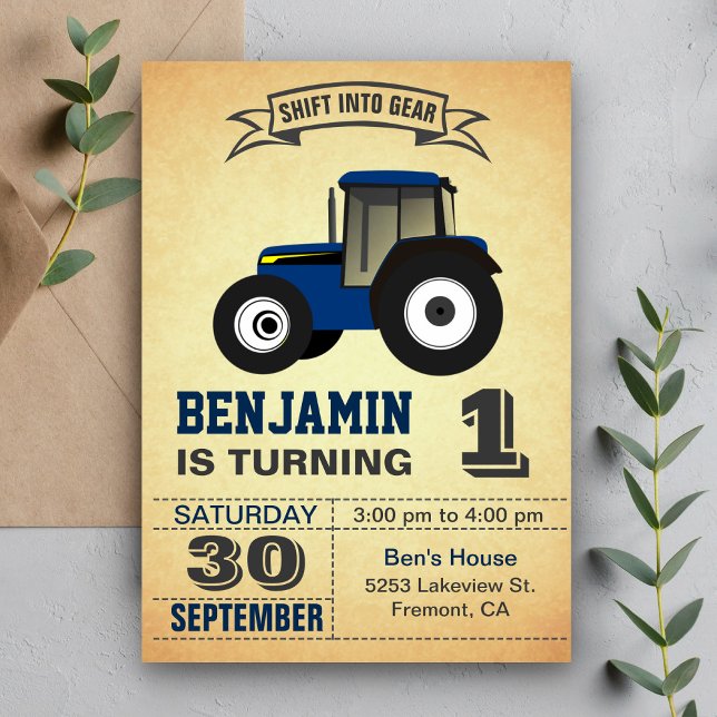 Blue Farm Tractor First Birthday Party Invitation (Creator Uploaded)