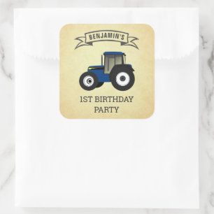 Blue Farm Tractor Kids Birthday Party Square Sticker