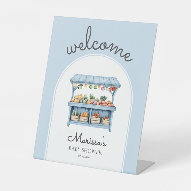 Blue Farmers Market Baby Shower Welcome Pedestal Sign (Front)