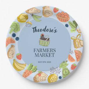 Blue Farmers Market Birthday Fruit & Vegetables Paper Plate