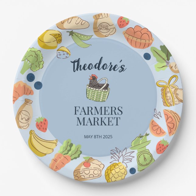 Blue Farmers Market Birthday Fruit & Vegetables Paper Plate (Front)