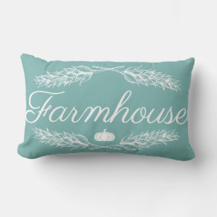 Blue Farmhouse Wheat Stalk Laurels Pumpkin & Name Lumbar Cushion