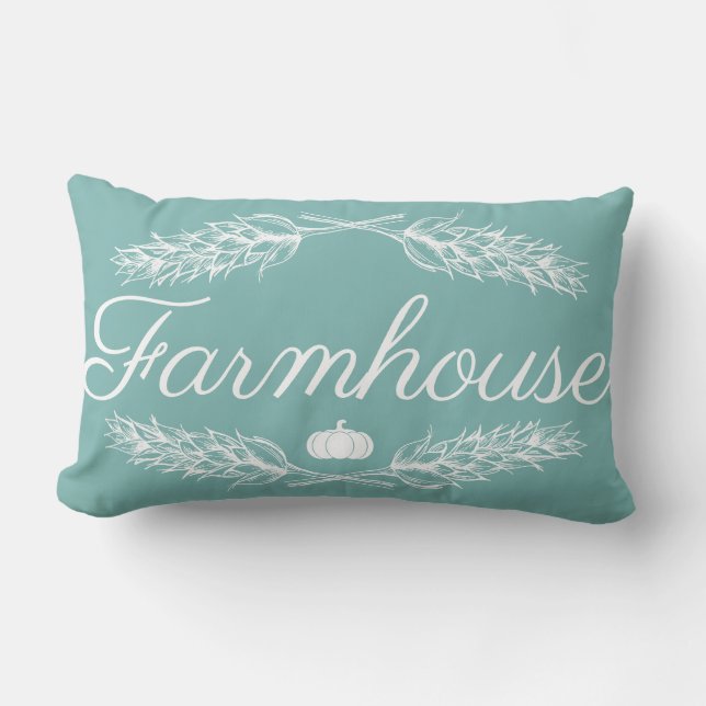Blue Farmhouse Wheat Stalk Laurels Pumpkin & Name Lumbar Cushion (Front)