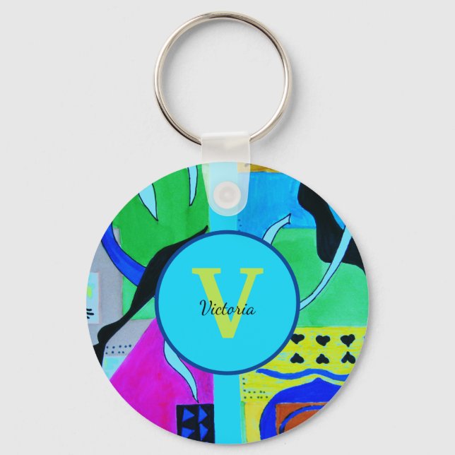 Blue Fashion Abstract Inspiration From Matisse Key Ring (Front)