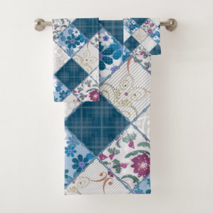 Blue fashionable rustic pattern of fabric scraps bath towel set