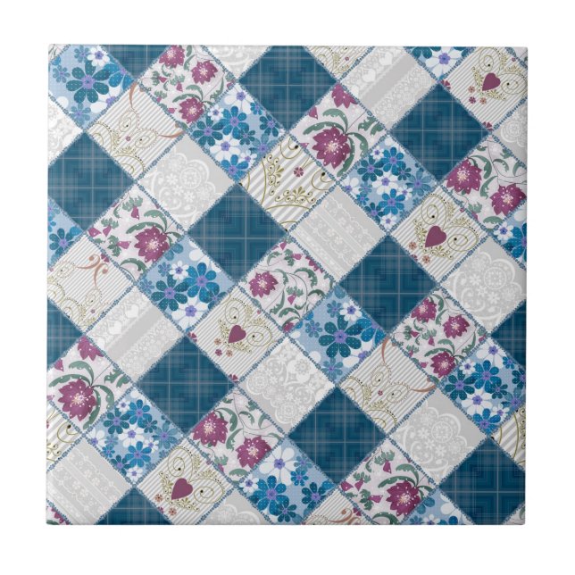 Blue fashionable rustic pattern of fabric scraps ceramic tile (Front)