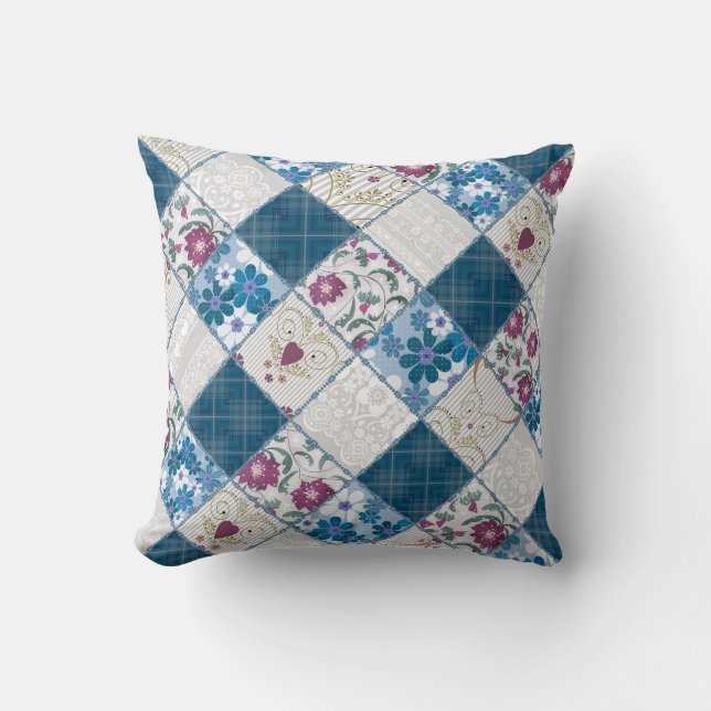 Blue fashionable rustic pattern of fabric scraps cushion (Front)