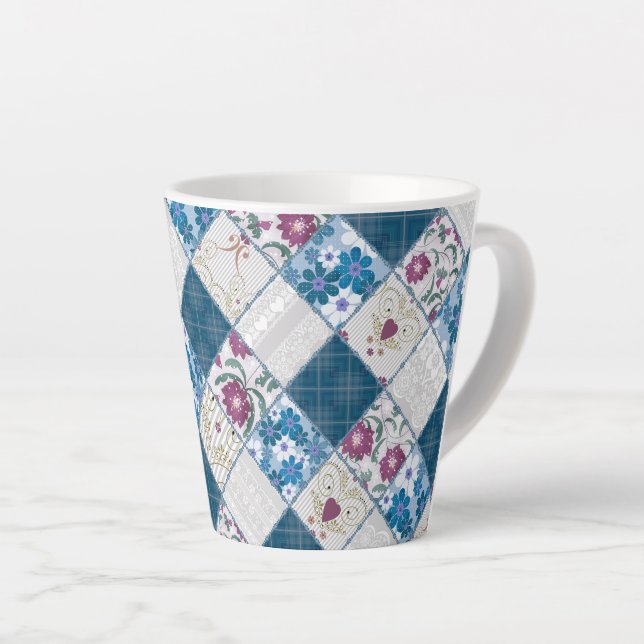 Blue fashionable rustic pattern of fabric scraps latte mug (Right Angle)