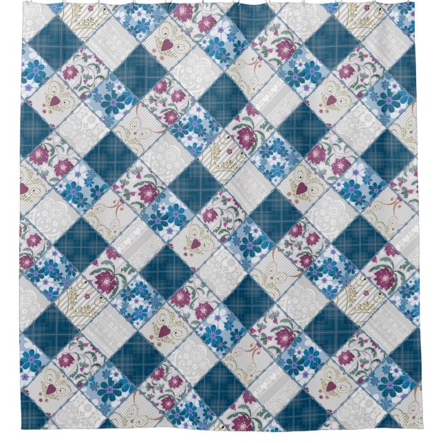 Blue fashionable rustic pattern of fabric scraps shower curtain (Front)