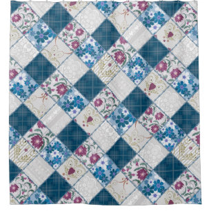 Blue fashionable rustic pattern of fabric scraps shower curtain