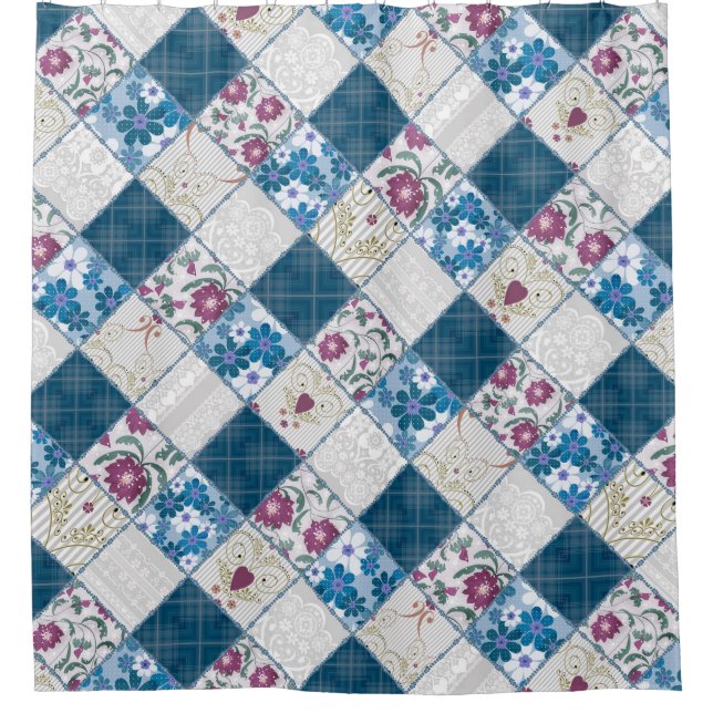Blue fashionable rustic pattern of fabric scraps shower curtain (Front)