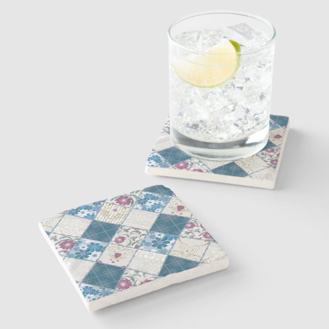 Blue fashionable rustic pattern of fabric scraps stone coaster (Side)