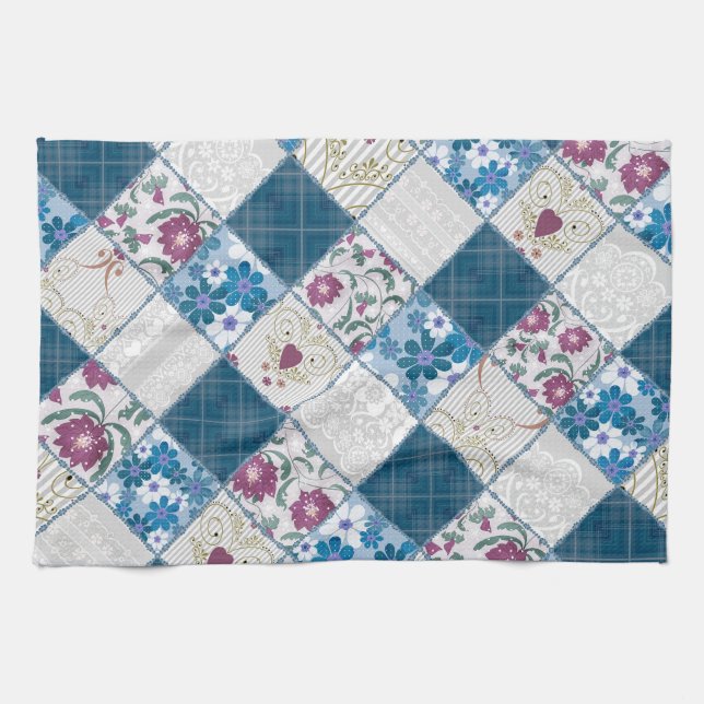 Blue fashionable rustic pattern of fabric scraps tea towel (Horizontal)