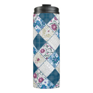 Blue fashionable rustic pattern of fabric scraps thermal tumbler