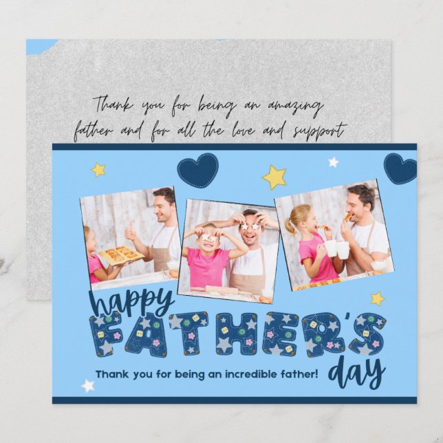 Blue Father's Day Invitation with Family Photos (Front/Back)