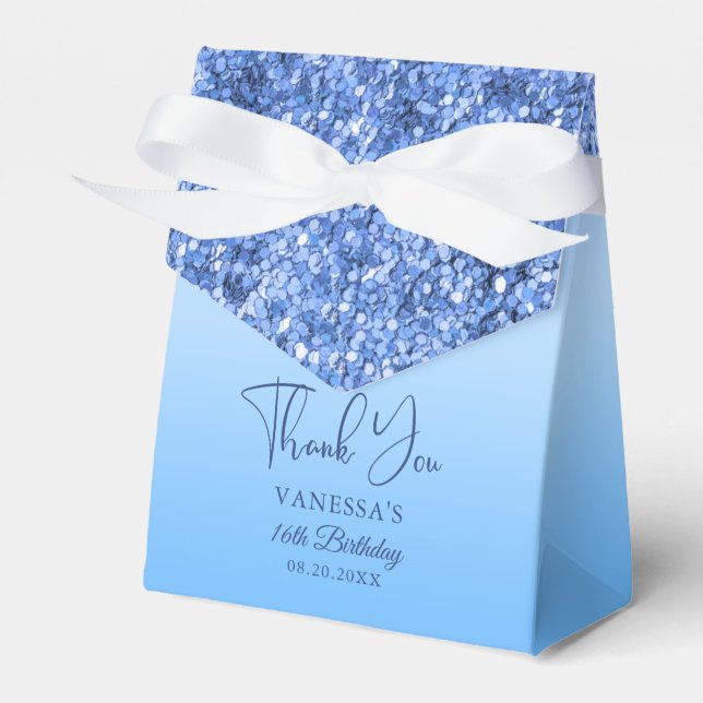 Blue Faux 16th Birthday Glitter Thank You Favour Box (Front Side)