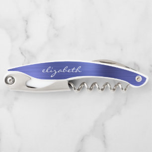 Blue Faux Brushed Metal Personalised Script Corkscrew