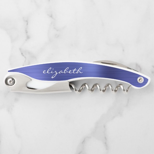 Blue Faux Brushed Metal Personalised Script Corkscrew (Front)