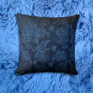 Blue Faux Embossed Rose Leather Cushion