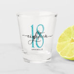 Blue Faux Glitter 18th Birthday Shot Glass<br><div class="desc">Modern,  chic 18th birthday shot glass features number 18 in bright blue faux glitter texture,  calligraphy script eighteen. Personalize with a name. Perfect as a gift for 18th birthday.</div>