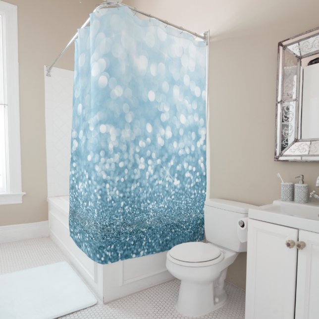 blue faux glitter and bokeh lights pattern shower curtain (In Situ)