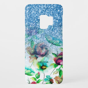 Blue Faux Glitter & Colourful Flowers Pattern Ombr Case-Mate Samsung Galaxy S9 Case