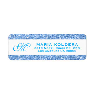 Blue Faux Glitter Custom Monogram Return Address Label