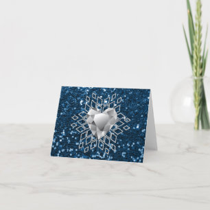 Blue Faux Glitter Diamond Heart Snowflake Holiday Card
