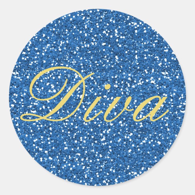 Blue Faux Glitter Diva Classic Round Sticker (Front)