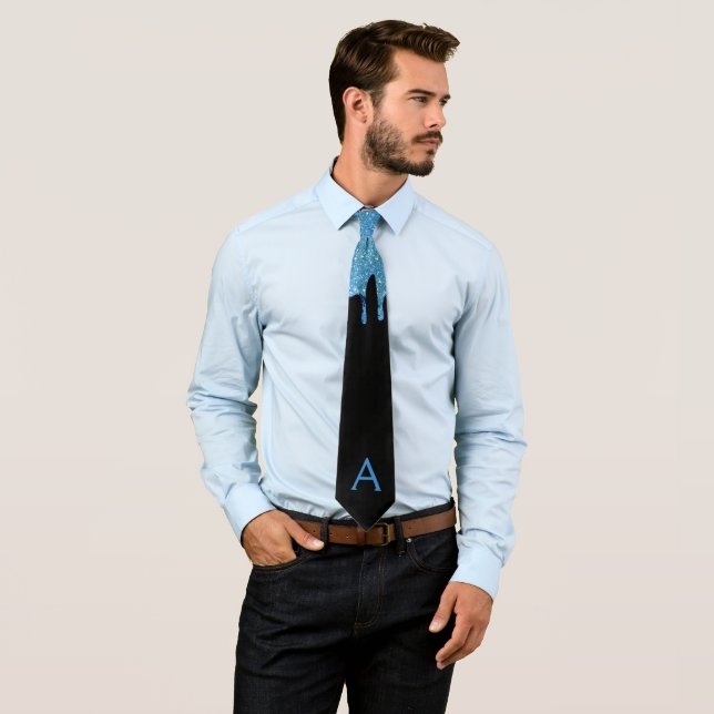Blue Faux Glitter Drip Black Monogram Neck Tie  (In Situ)