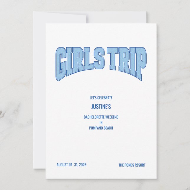Blue Faux Glitter GIRLS TRIP Bachelorette Party  Invitation (Front)